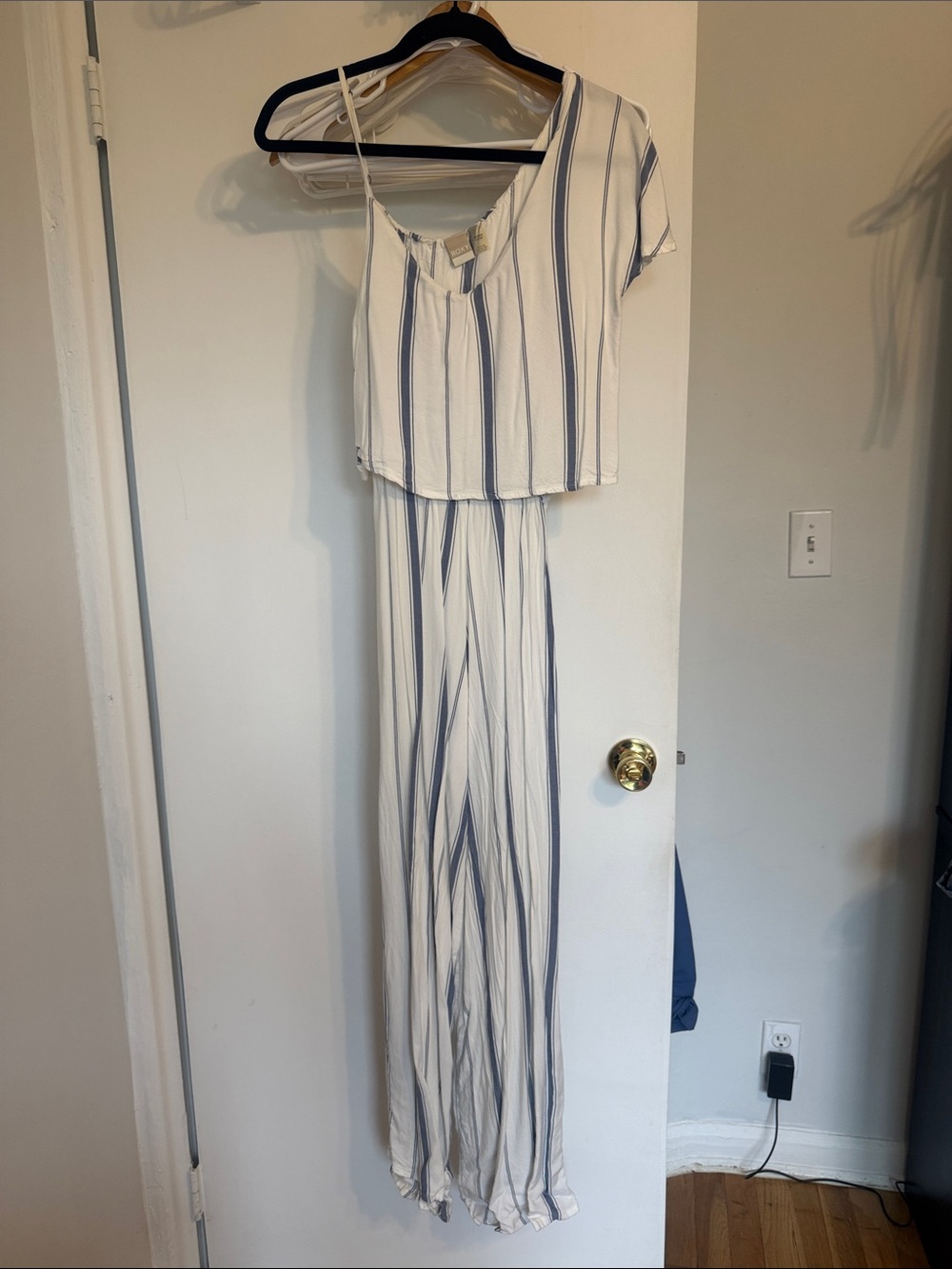 Roxy White & Blue Vertical-Stripe Wide-Leg Jumpsuit
